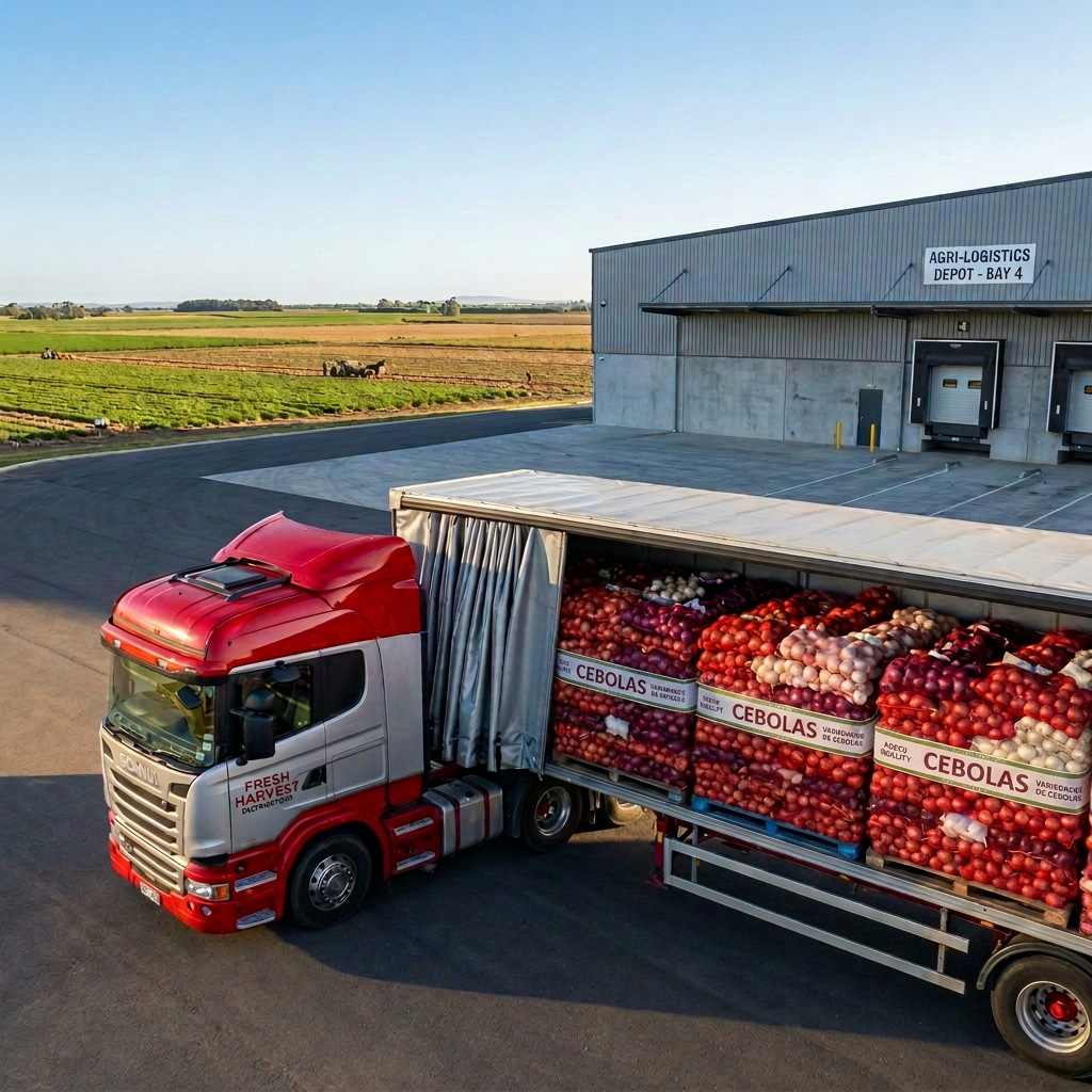 Truck loaded with sacks of different types of onions at logistics depot