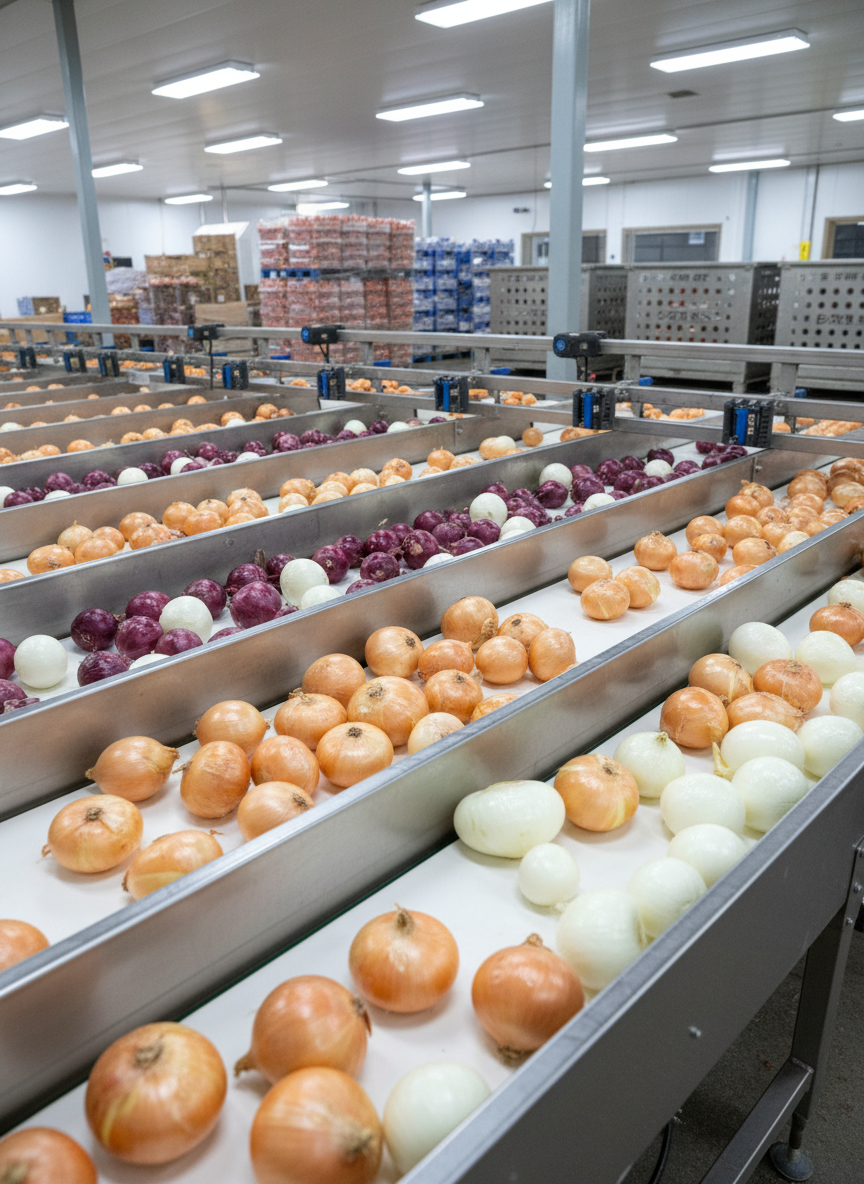 A photographic realism image of stainless-steel grading and sorting lines filled with freshly harvested onions in multiple varieties: glossy yellow bulbs, vibrant purple onions, and clean white onions moving along food-safe conveyor belts. The surfaces are spotless, with visible sensors and gentle brushes that separate sizes and remove debris, highlighting strict quality standards. Background elements include clearly labeled plastic crates and ventilated storage bins, slightly out of focus. The scene is lit with bright, neutral overhead industrial lighting that eliminates harsh shadows and emphasizes cleanliness. Captured from a slightly elevated angle with strong depth of field, the mood is highly professional and technical, showcasing controlled production methods and consistent product quality.