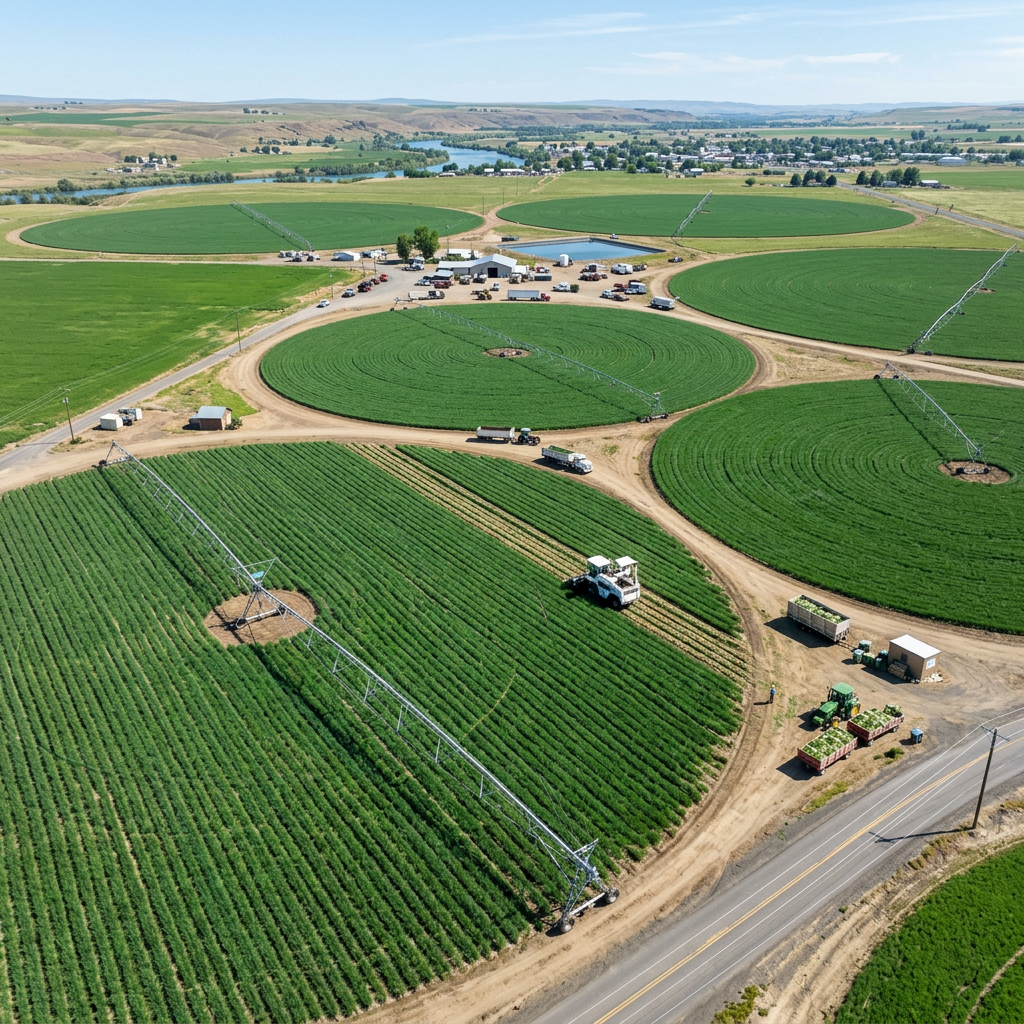 Aerial view of circular irrigated crop fields with farm equipment and vehicles